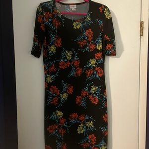 LuLaRoe Julia dress, size m, black with red/yellow floral print.